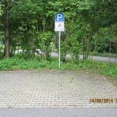breite Parkfläche, Schild mit Rollstuhlsymbol an Stange, rechts und hinter Schild Bäume und niedrige Pflanzen