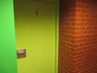 helle grüne Tür mit einem Frauensymbol auf der Tür, links die Wand ist grün, rechts die Wand ist Mauerwerk