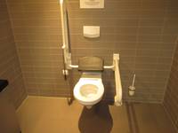  weiße Hängetoilette, linker Haltegriff hochgeklappt. Über der Toilette ist an der Rückwand eine Spülungtaste, rechts unten steht auf dem dunklen Boden eine weiße WC-Bürste
