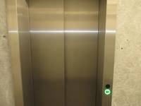Eine geschlossene metallene Aufzugstür, rechts am Rahmen ein grün leuchtender Taster