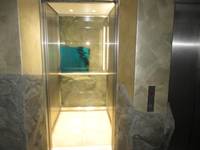 Ein Aufzug mit einer offenstehenden Tür, die Kabinenwand gegenüber der Aufzugstür ist aus Glas