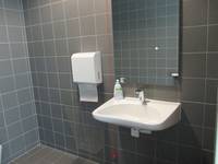 Waschbecken mit Spiegel und links an der Wand ein Spender für Papierhandtücher 