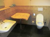 Raum mit Hänge-WC, einem Waschtisch und einem verschiebbaren Wickeltisch, hinter der Toieltte an der Wand ist die Spühlung
