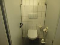 Kabine mit einer gekachelten Wand und Hänge WC an der Rückseite. Über dem WC eine Drückerplatte. An der rechten Toilettenwand ist die WC-Papierrolle