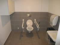 Toilette mit Haltegriffen rechts und links, rechts an der Wand Papierhandtuchhalter, links ein halbhoch hängendes Schränkchen