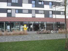 mehrstöckiges Gebäude mit Ladenfront im Erdgeschoss. Weg führt zum Gebäude, links am Gebäude steht eine gelbe Bärenskulptur, Pflanzen, eine Bank und Fahrräder
