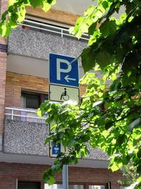 Parkplatzschild durch Baum leicht verdeckt