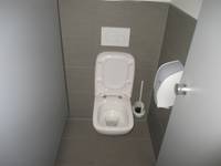 Hänge-WC, mit Drückerplatte an der Rückwand und rechts Toilettenpapierhalter 