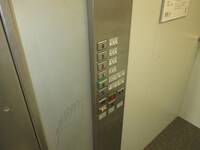 An der linken Wand der Aufzugskabine ist eine flache Metallsäule mit einem senkrecht verlaufenden Tastenfeld. Neben dem Tastenfeld sind Schilder in Braille-und  Profilschrift