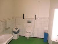 Hänge-WC, mit Handlauf rechts und links, auf beiden Seiten bewegliche Mülleimer , rechts ein Stück vom Toilettensitz entfernt Drücker für Spülung, vorne ein Waschbecken