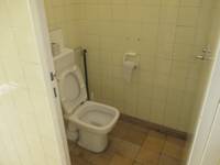 Stand-WC, hellbraune Bodenfliesen, hellgelbe Wandkacheln bis zur Decke. Hinter der Toilette ist ein Spülkasten, an der Wand ist eine Toilettenpapierhalter