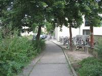Weg, am Anfang rechts und links Bepflanzung, nach ein paar Meter rechts Fahräder mit Ständer, im Hintergrund die Ecke der Sporthalle