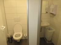 Kabine mit Toilette. Rechts daneben Waschbecken mit Müllbehäter, Spiegel und Handtuchspender