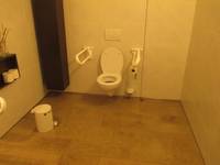 weißes Hänge-WC an weißer Wand, Haltegriff rechts und links. Spülplatte hinter der Toilette, in der linken Ecke hängt ein schmaler brauner Schrank. Links an der Wand steht ein Mülleimer, schräg darüber hängt ein kleines Regal    