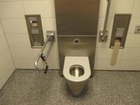 Eine Toilette aus Edelstahl mit einem weißem Sitz. Rechts und links ein Haltegriff. Auf beiden Seiten ist ein Toilettenpapierhalter in die Wand eingelassen.