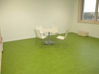 Raum mit einem grünen Boden und einem runden Tisch mit vier Stühlen, rechts ein Fenster
