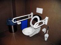 schwarz gekachelter Raum, weiße Toilette mit Haltegriffen rechts und links, WC-Bürste an Wand von linker Umsetzfläche angebracht